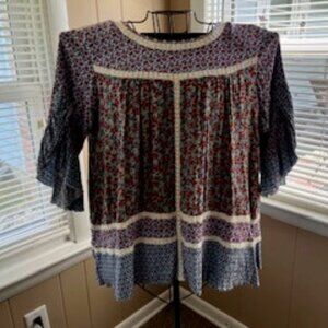 Multiples 3/4 Sleeve Multi-Colored Floral Boho Patchwork Top SZ. L